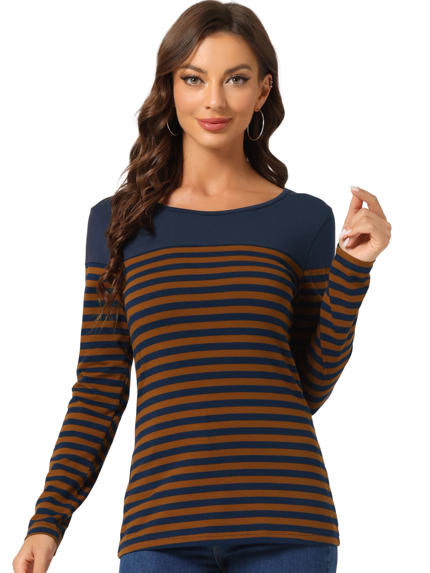DARING DIVA Women's Color Block Striped Knit Top Long Sleeves T-Shirt M Blue Brown