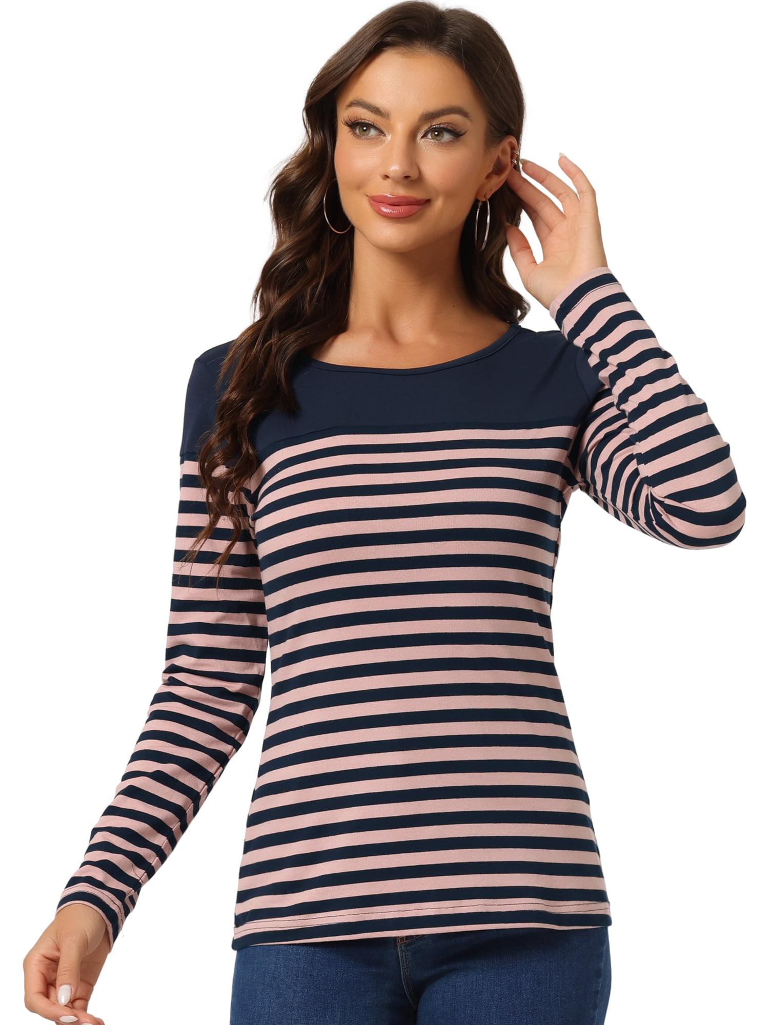DARING DIVA Women's Color Block Striped Knit Top Long Sleeves T-Shirt M Blue Pink