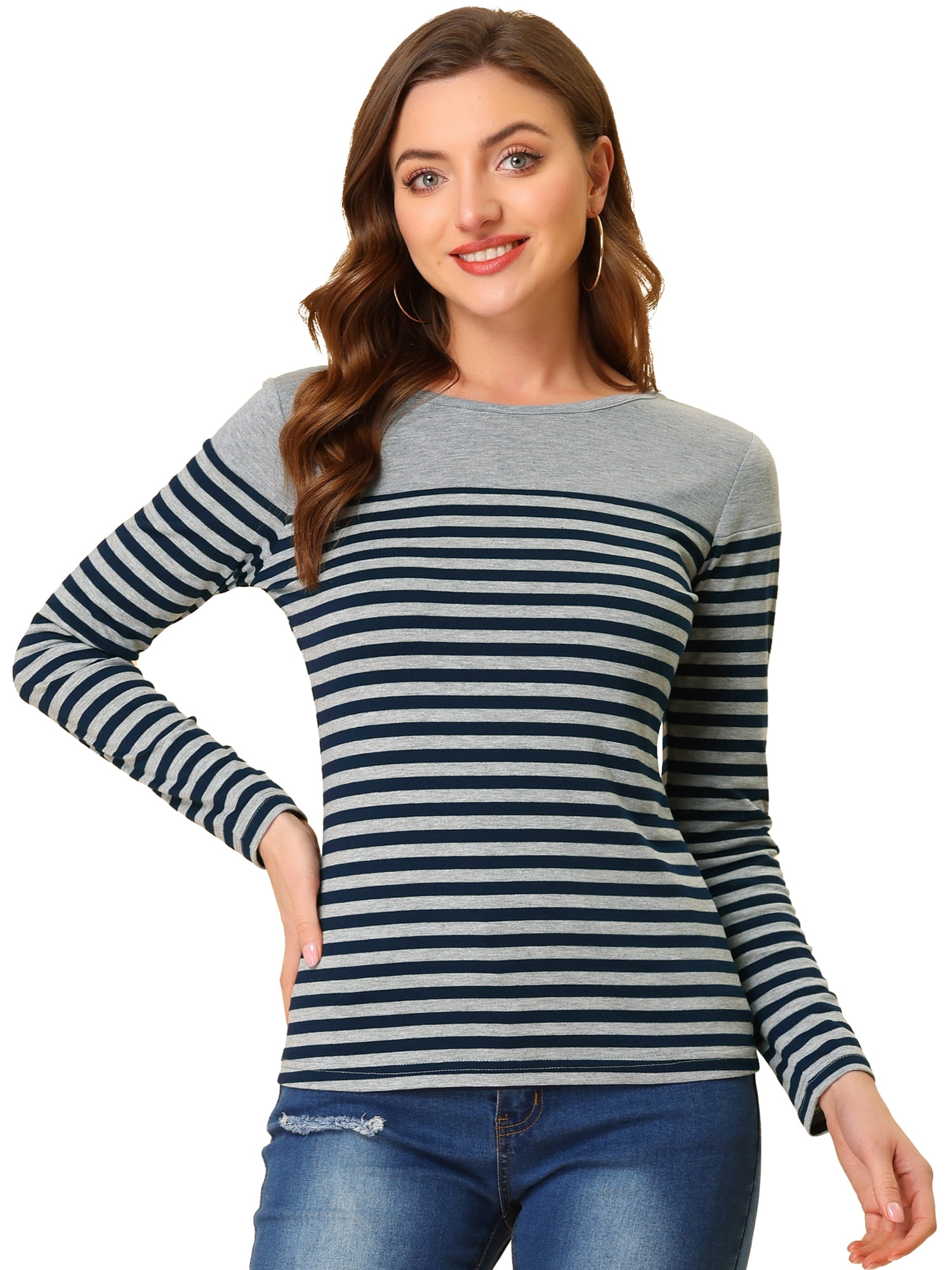 DARING DIVA Women's Color Block Striped Knit Top Long Sleeves T-Shirt M Gray Blue