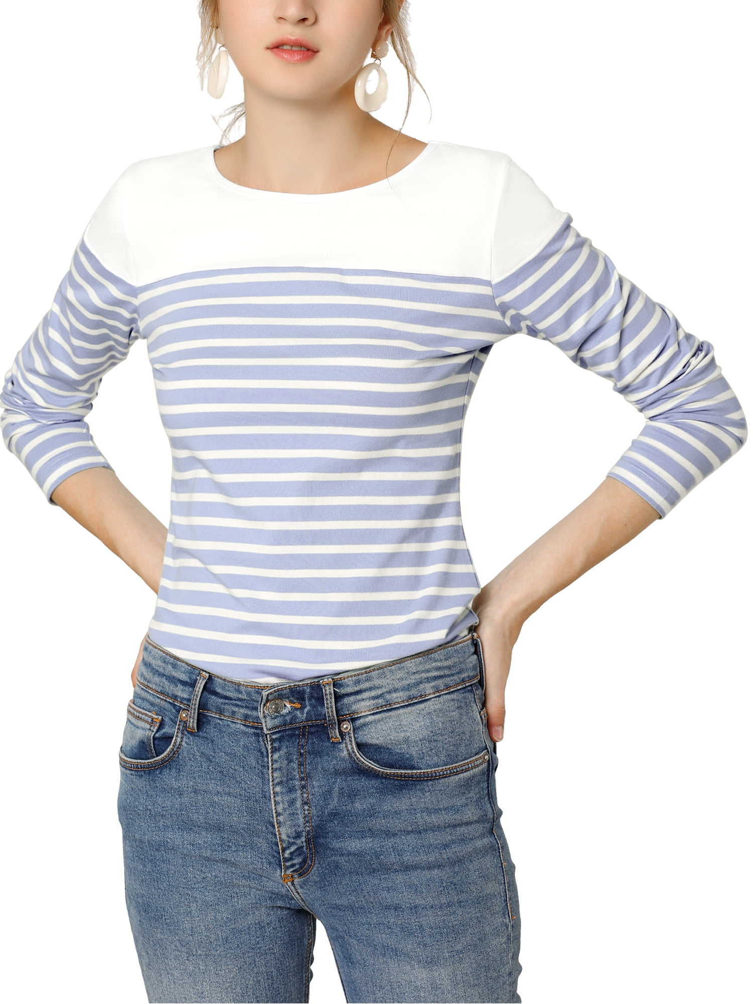 DARING DIVA Women's Color Block Striped Knit Top Long Sleeves T-Shirt M Light Blue