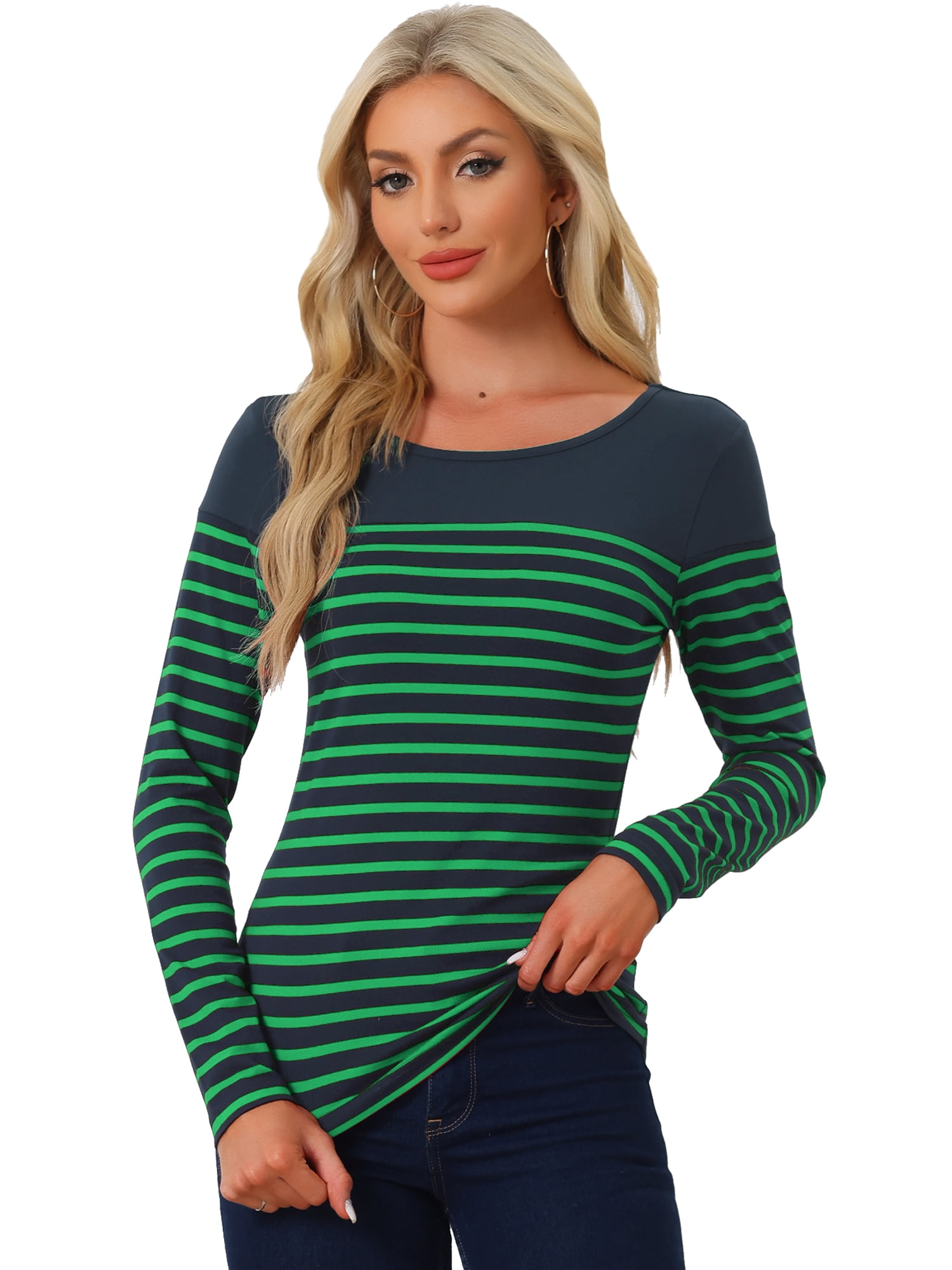 DARING DIVA Women's Color Block Striped Knit Top Long Sleeves T-Shirt M Navy Blue Green