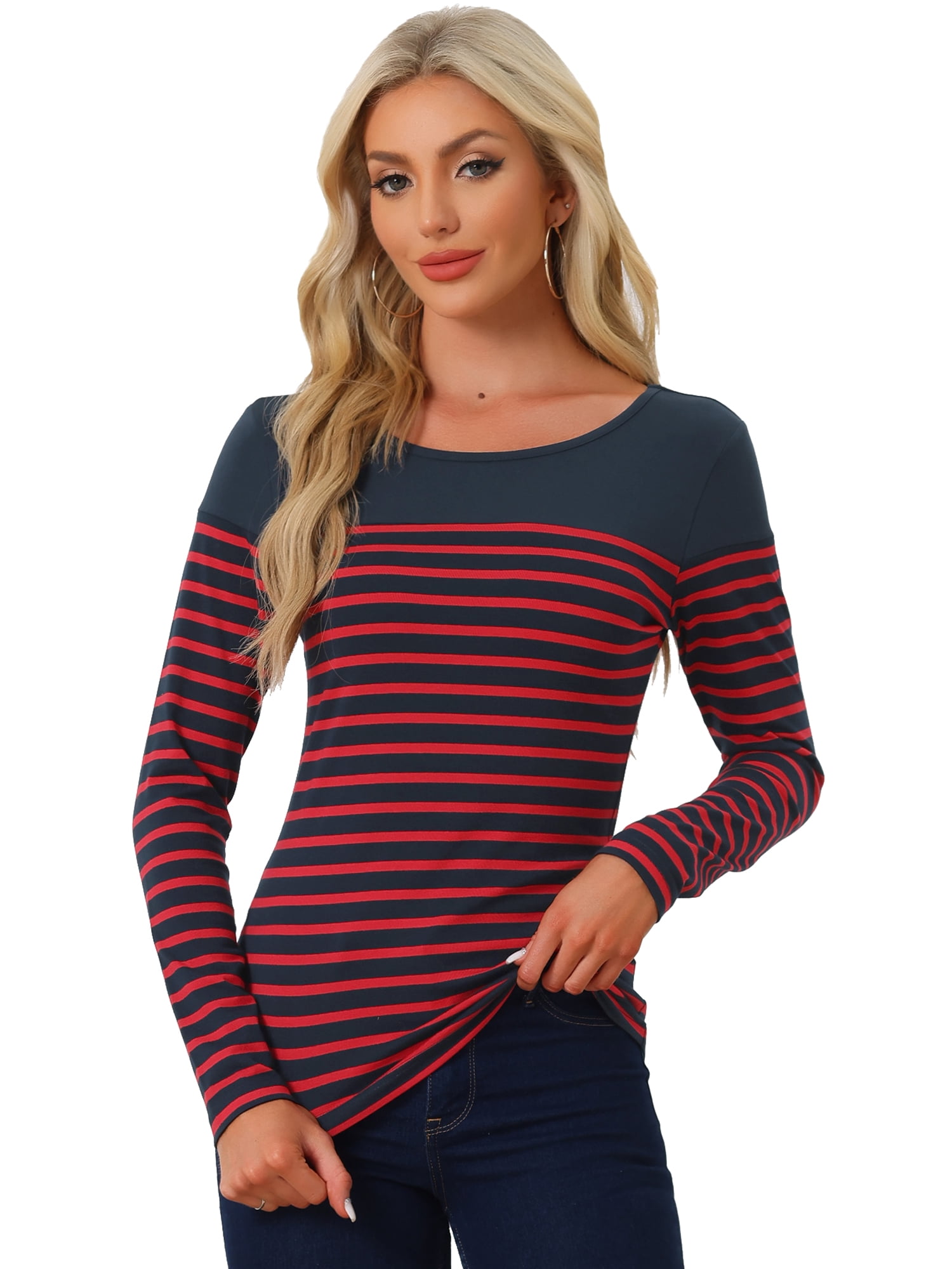 DARING DIVA Women's Color Block Striped Knit Top Long Sleeves T-Shirt M Navy Blue Red