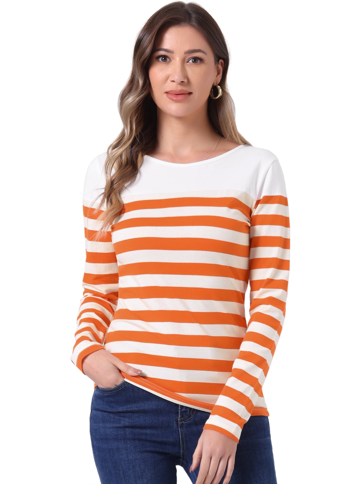 DARING DIVA Women's Color Block Striped Knit Top Long Sleeves T-Shirt M Orange