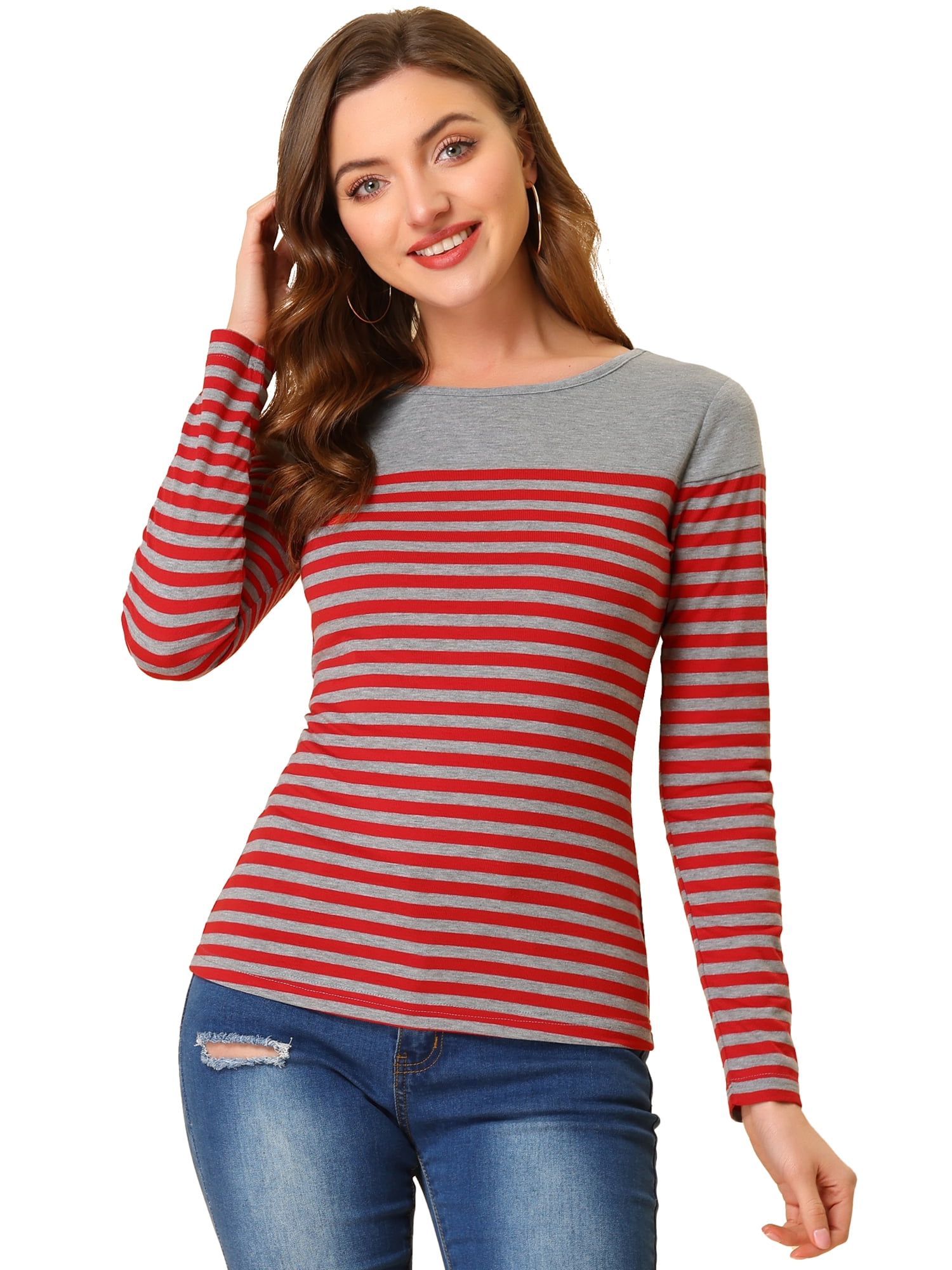DARING DIVA Women's Color Block Striped Knit Top Long Sleeves T-Shirt M Red