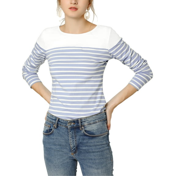 DARING DIVA Women's Color Block Striped Knit Top Long Sleeves T-Shirt S Light Blue