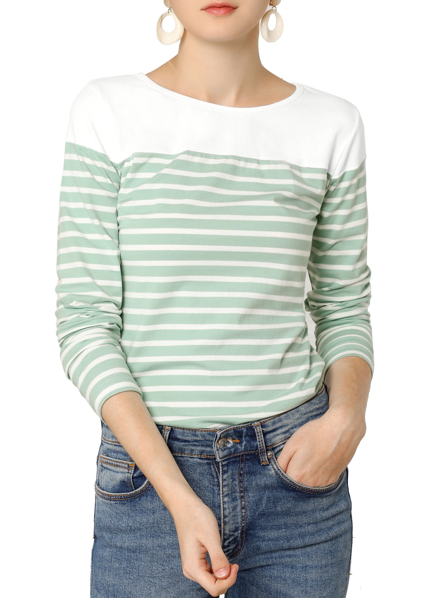 DARING DIVA Women's Color Block Striped Knit Top Long Sleeves T-Shirt S Light Green