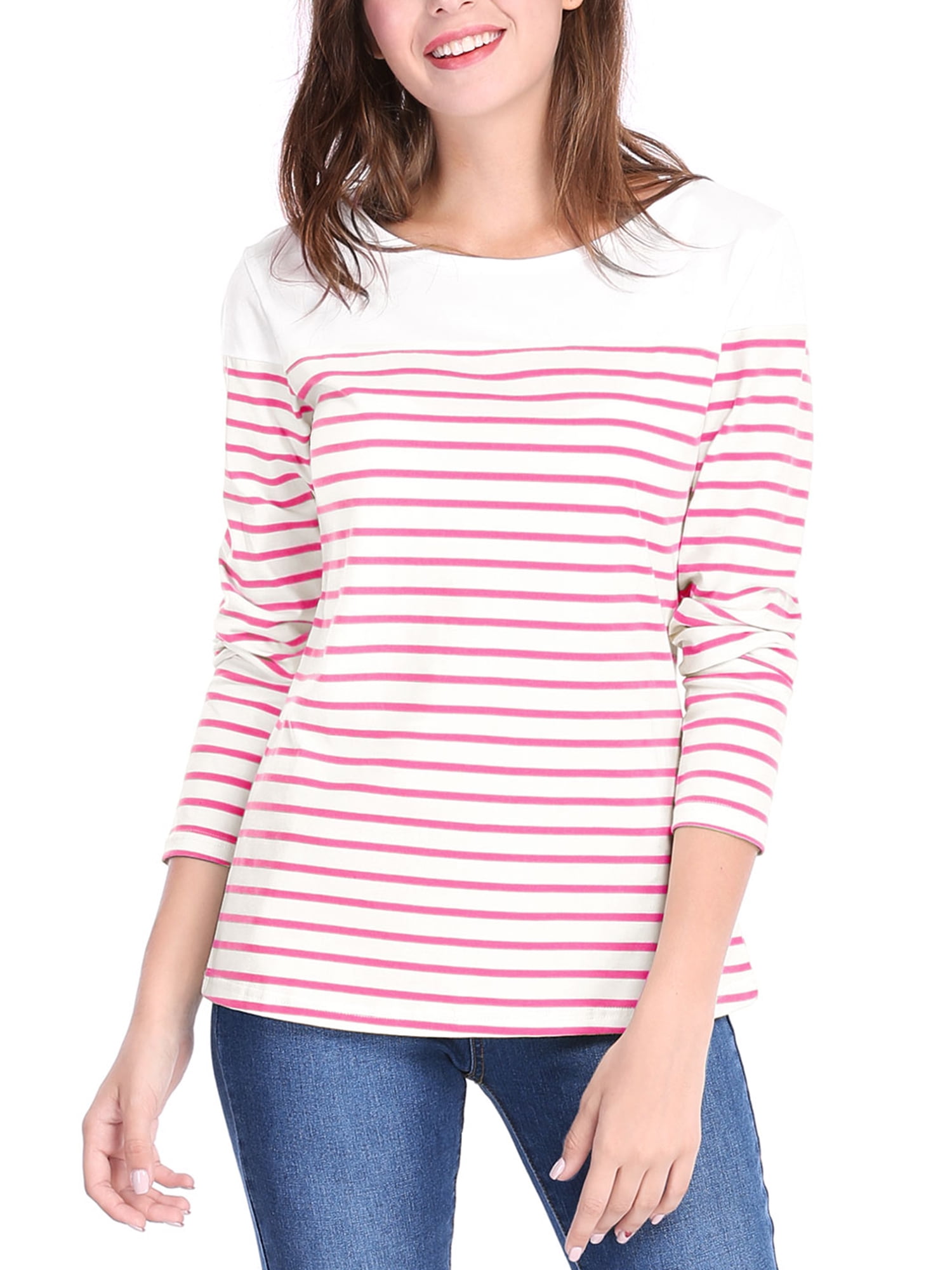 DARING DIVA Women's Color Block Striped Knit Top Long Sleeves T-Shirt S Light Pink