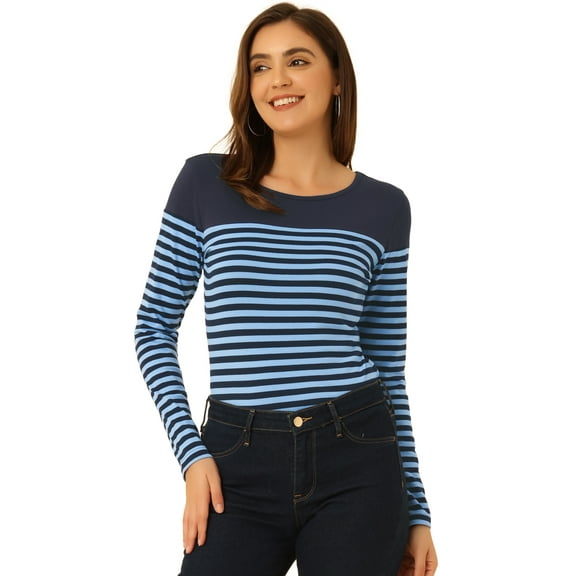 DARING DIVA Women's Color Block Striped Knit Top Long Sleeves T-Shirt S Navy Blue