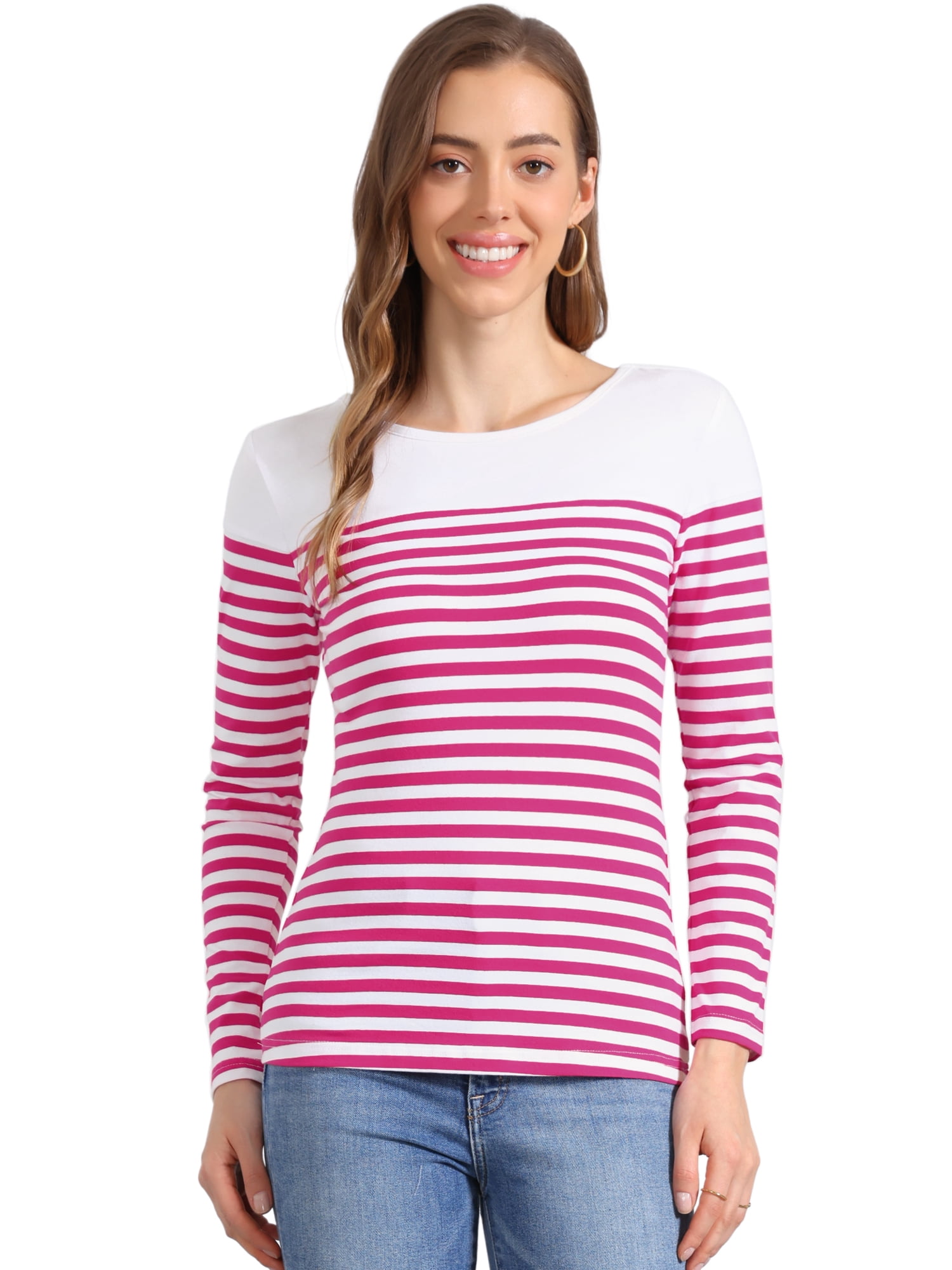 DARING DIVA Women's Color Block Striped Knit Top Long Sleeves T-Shirt S Red White