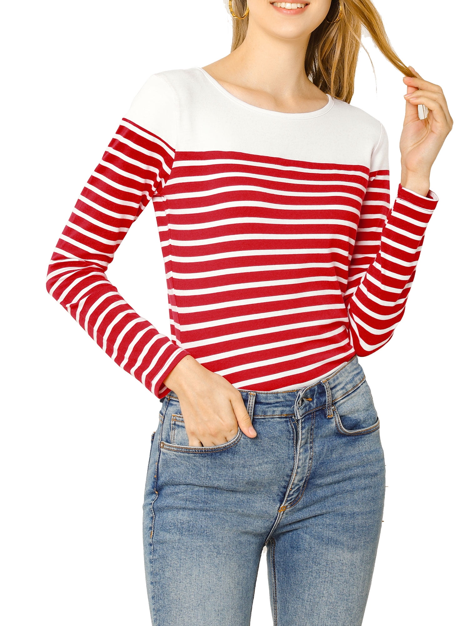 DARING DIVA Women's Color Block Striped Knit Top Long Sleeves T-Shirt S Red-White