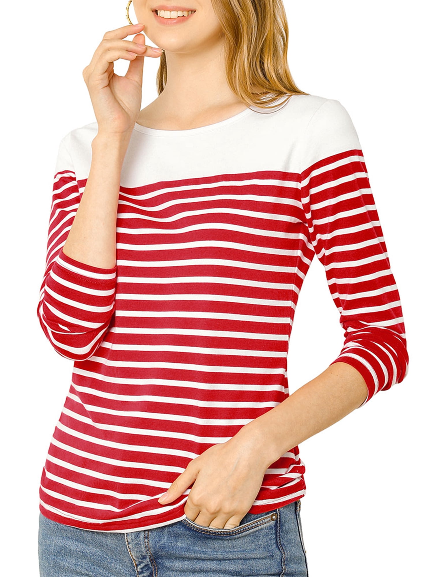 DARING DIVA Women's Color Block Striped Knit Top Long Sleeves T-Shirt XL Red-White