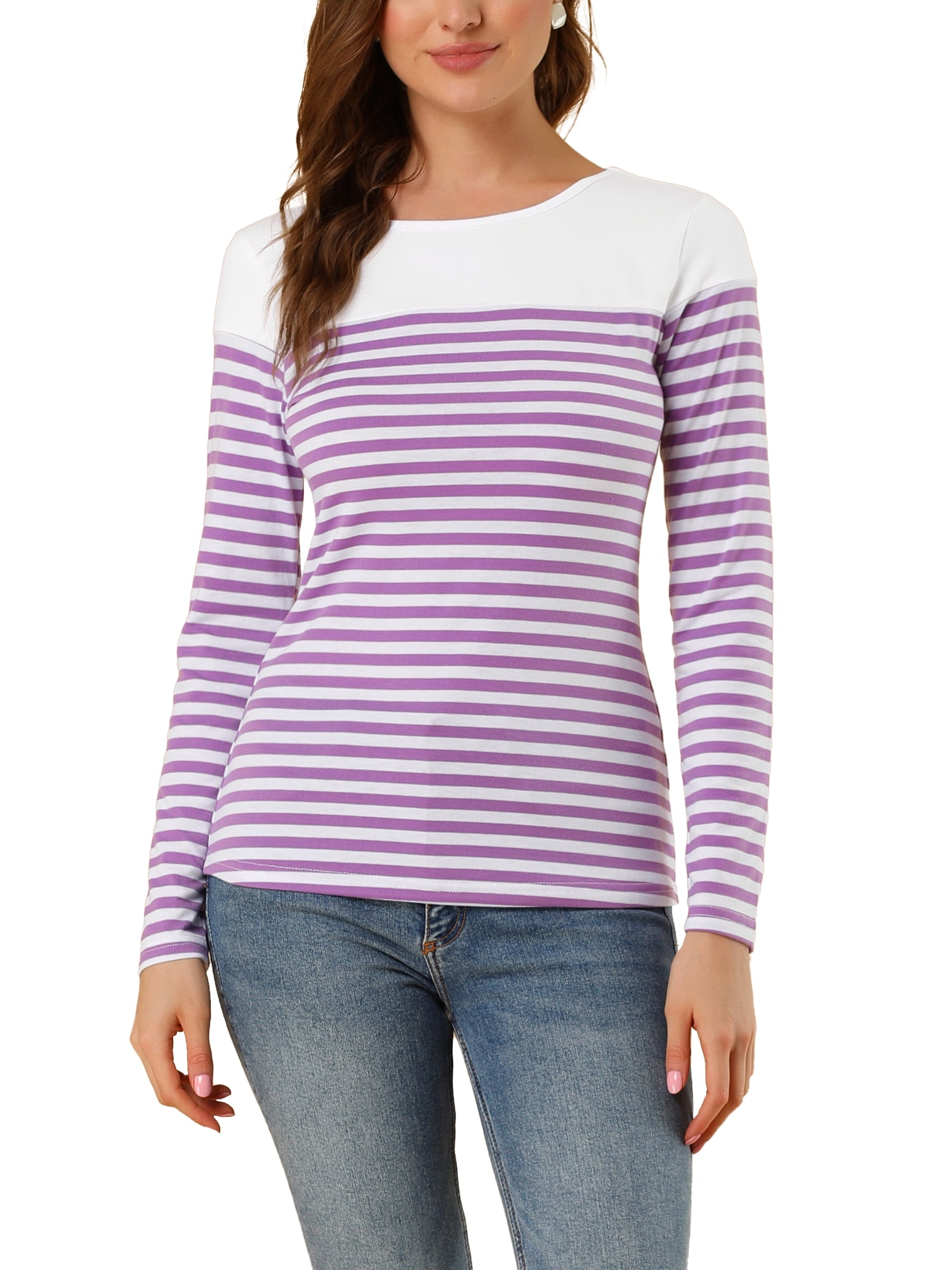 DARING DIVA Women's Color Block Striped Knit Top Long Sleeves T-Shirt XS White Purple