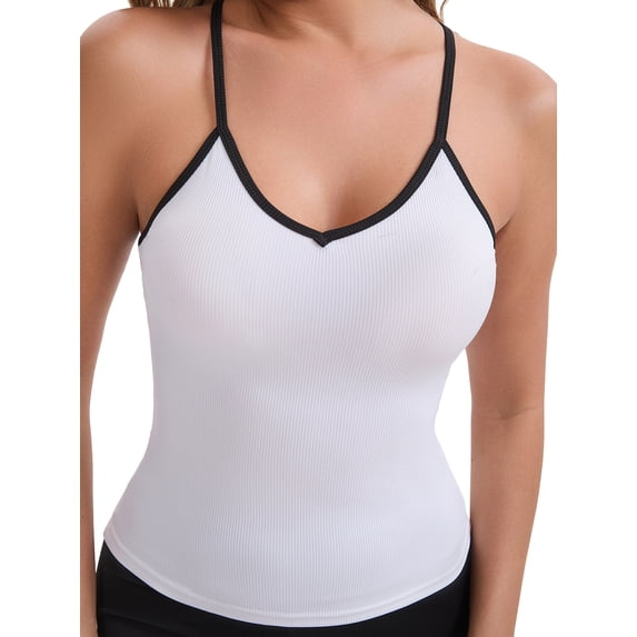 DARING DIVA Women's Colorblock Ice Silk Spaghetti Straps V Neck Tank Top S White