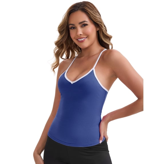 DARING DIVA Women's Colorblock Ice Silk Spaghetti Straps V Neck Tank Top XL Blue