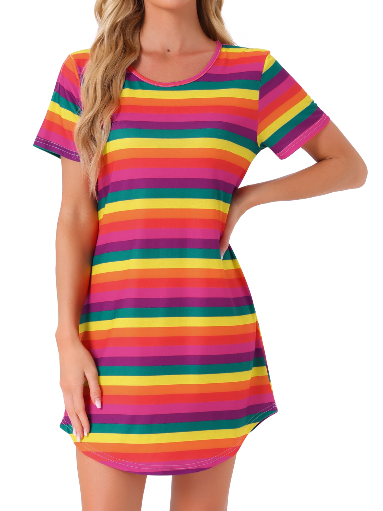 DARING DIVA Women's Colorful Striped Short Sleeve Nightgown 3XL Hot Pink