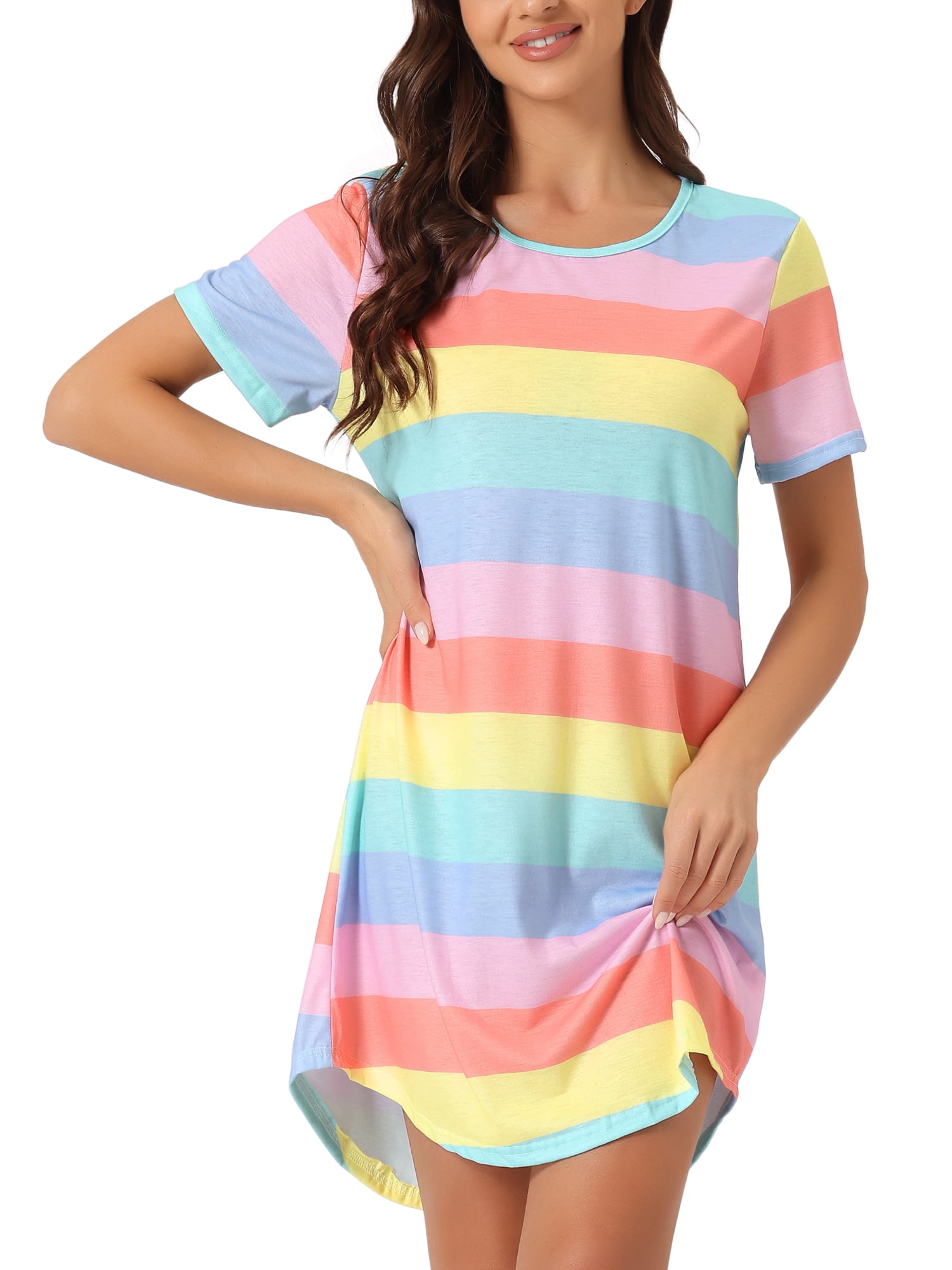 DARING DIVA Women's Colorful Striped Short Sleeve Nightgown M Light Color