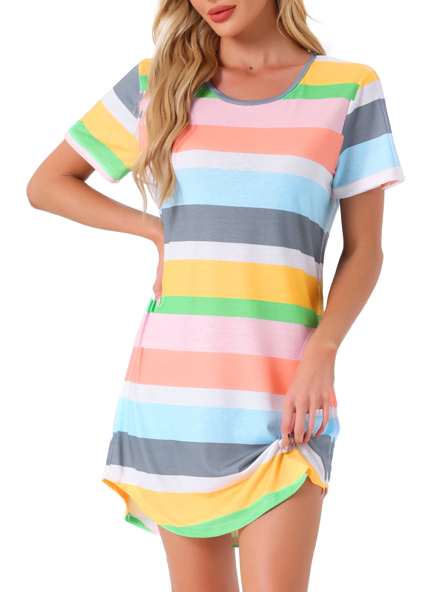 DARING DIVA Women's Colorful Striped Short Sleeve Nightgown S Green