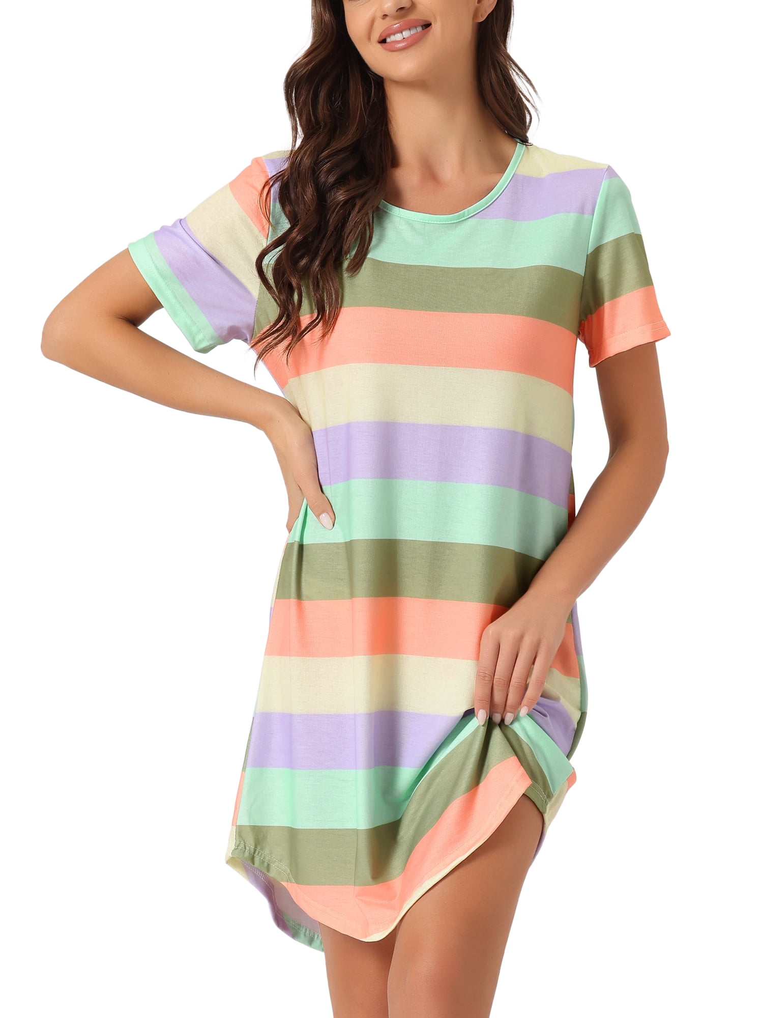 DARING DIVA Women's Colorful Striped Short Sleeve Nightgown XS Deep Color