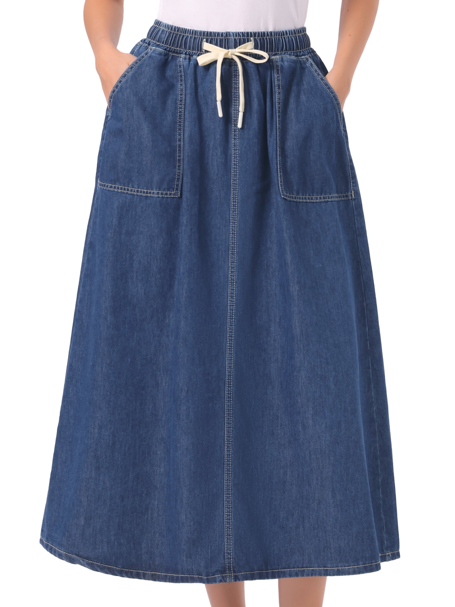 DARING DIVA Women's Comfortable Elastic Waist A Line Long Length Jean Skirts XS Dark Blue