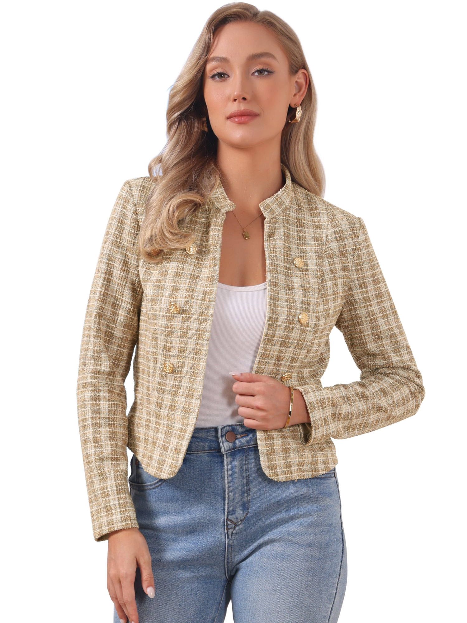 DARING DIVA Women's Comfortable Elegant Plaid Tweed Blazer Band Collar Jacket L Khaki