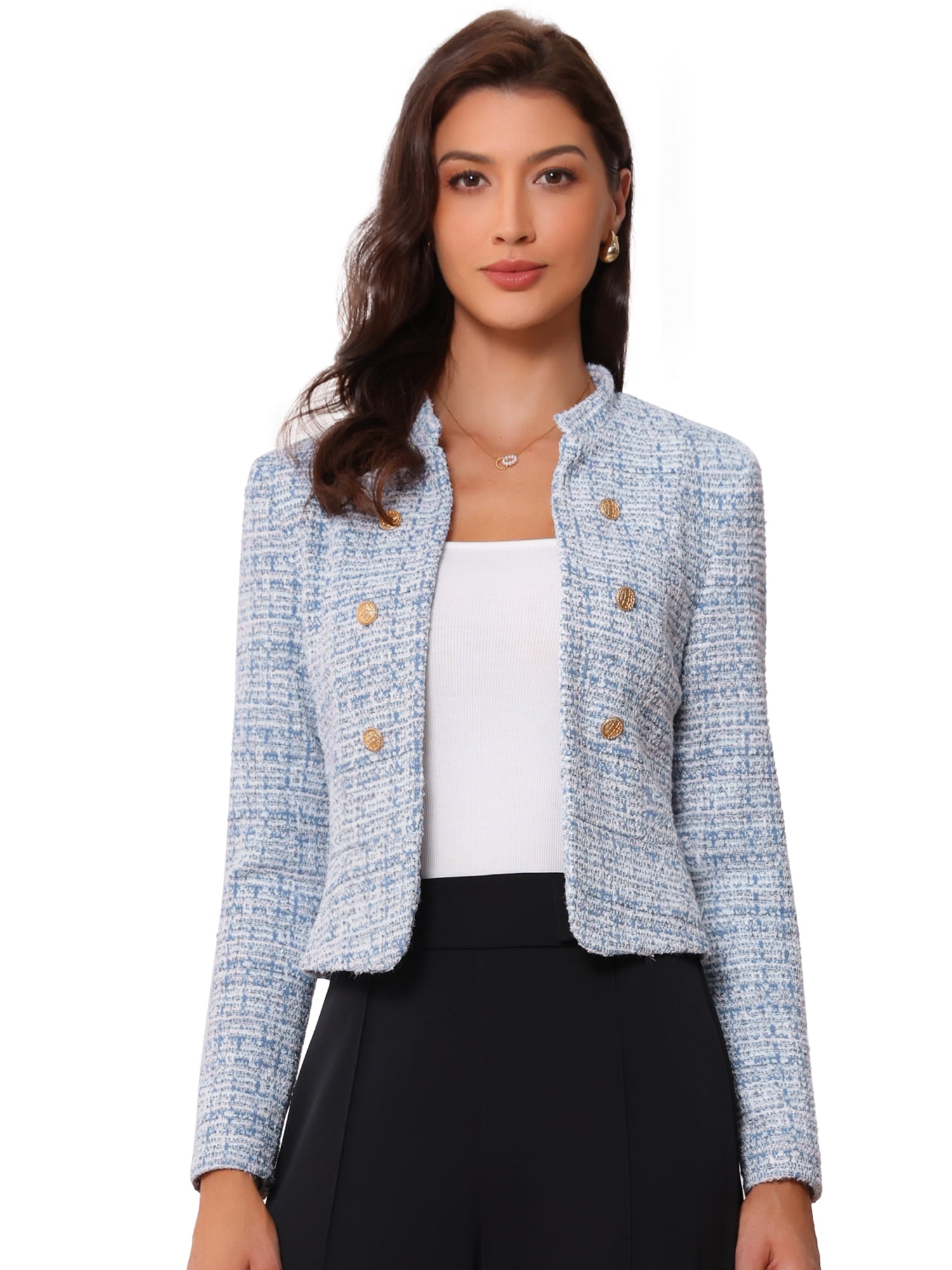 DARING DIVA Women's Comfortable Elegant Plaid Tweed Blazer Band Collar Jacket S Blue