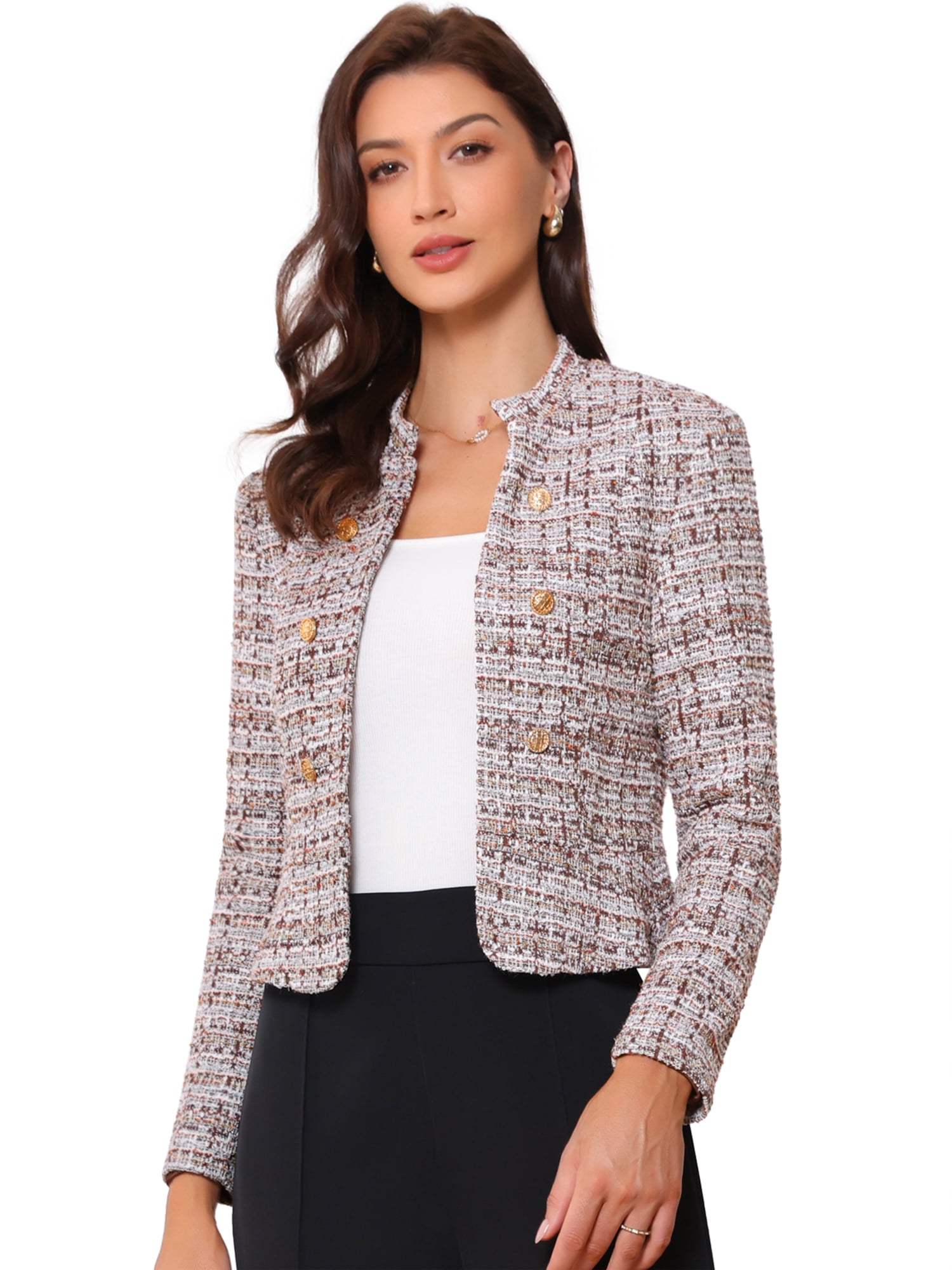 DARING DIVA Women's Comfortable Elegant Plaid Tweed Blazer Band Collar Jacket S Brown