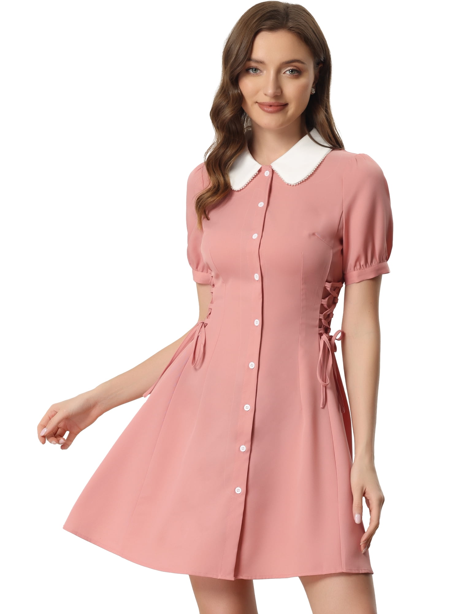 DARING DIVA Women's Contrast Button Down Lace up Dress M Pink