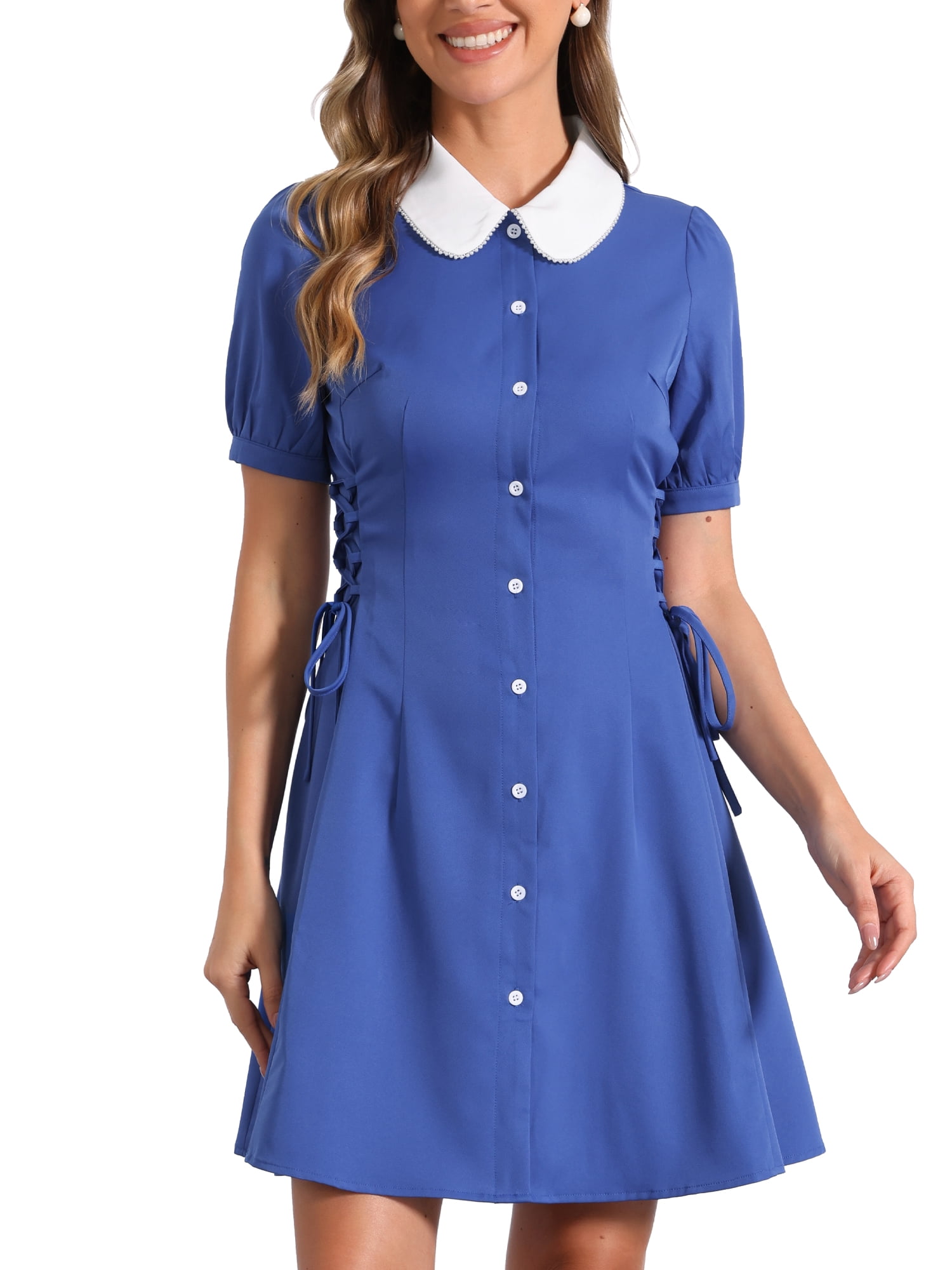 DARING DIVA Women's Contrast Button Down Lace up Dress XL Dark Blue