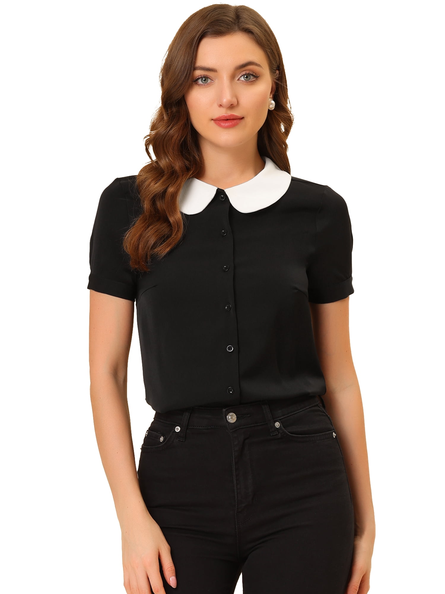 DARING DIVA Women's Contrast Collar Button Down Chiffon Blouse XS Black