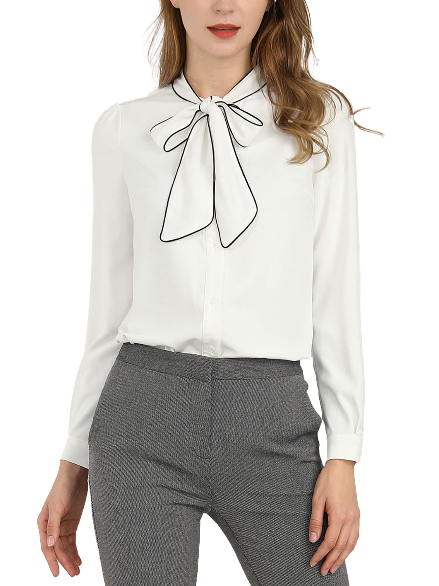 DARING DIVA Women's Contrast Color Button Down Long Sleeve Tie Neck Shirt L White