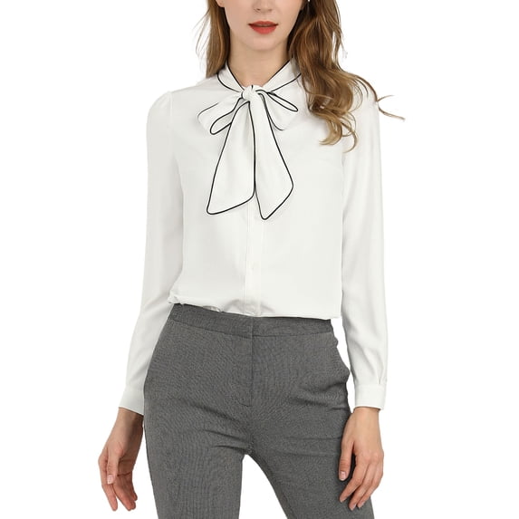 DARING DIVA Women's Contrast Color Button Down Long Sleeve Tie Neck Shirt L White