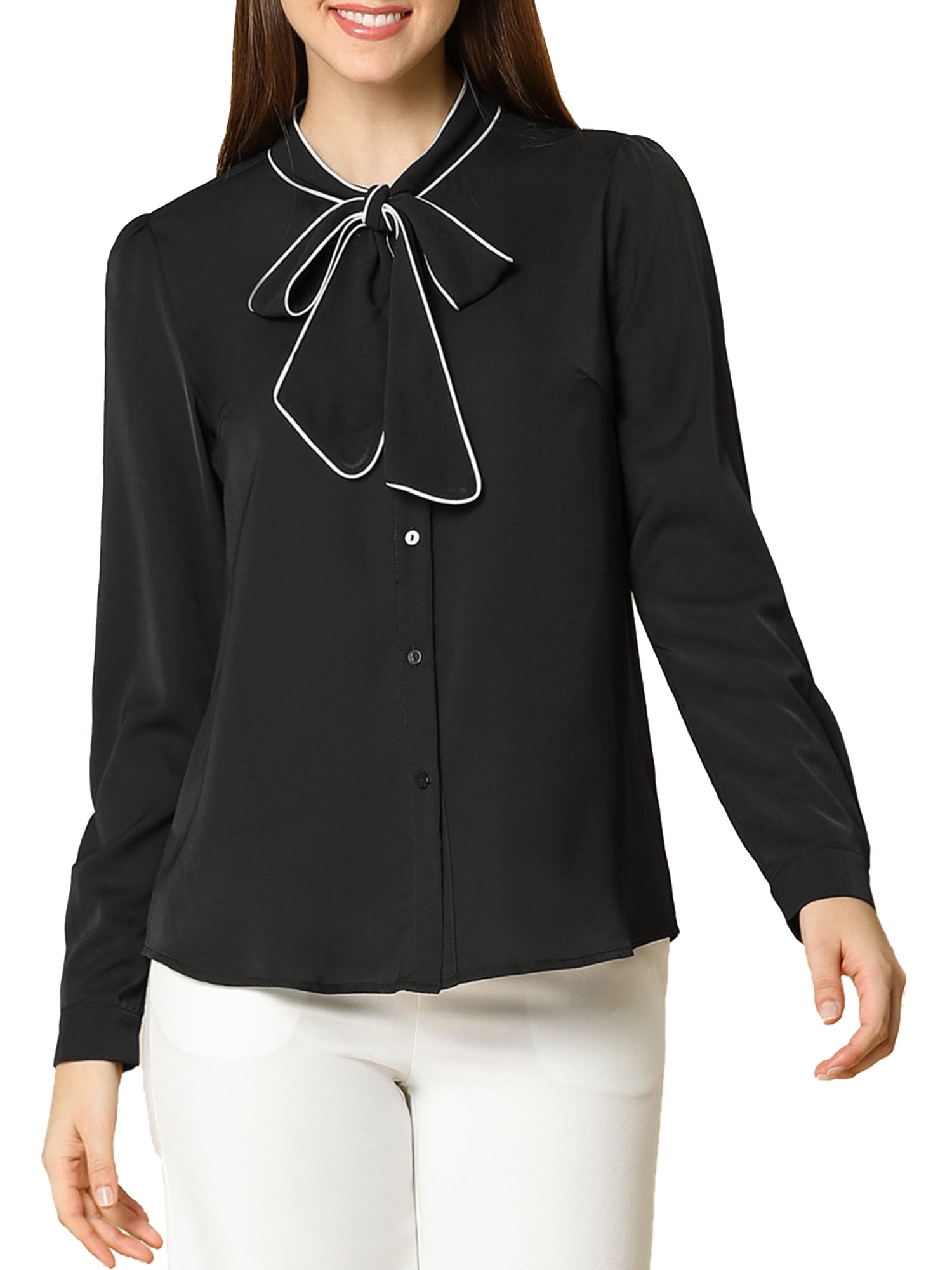 DARING DIVA Women's Contrast Color Button Down Long Sleeve Tie Neck Shirt XL Black