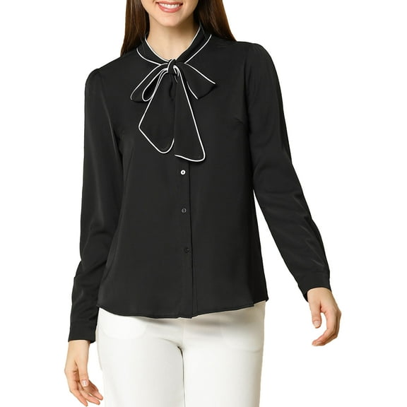 DARING DIVA Women's Contrast Color Button Down Long Sleeve Tie Neck Shirt XL Black