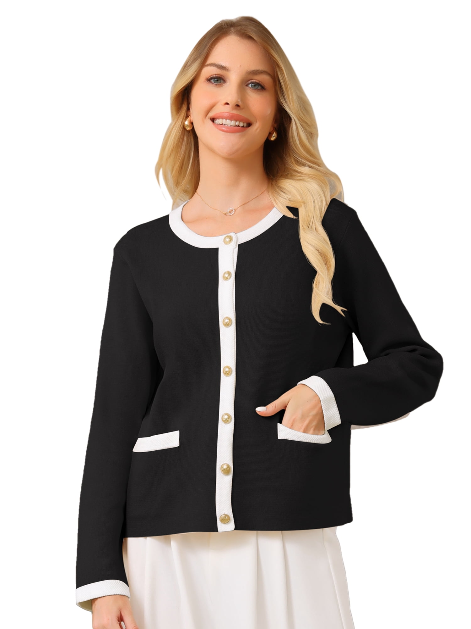 DARING DIVA Women's Contrast Color Long Sleeve Knit Cardigan Sweater S Black