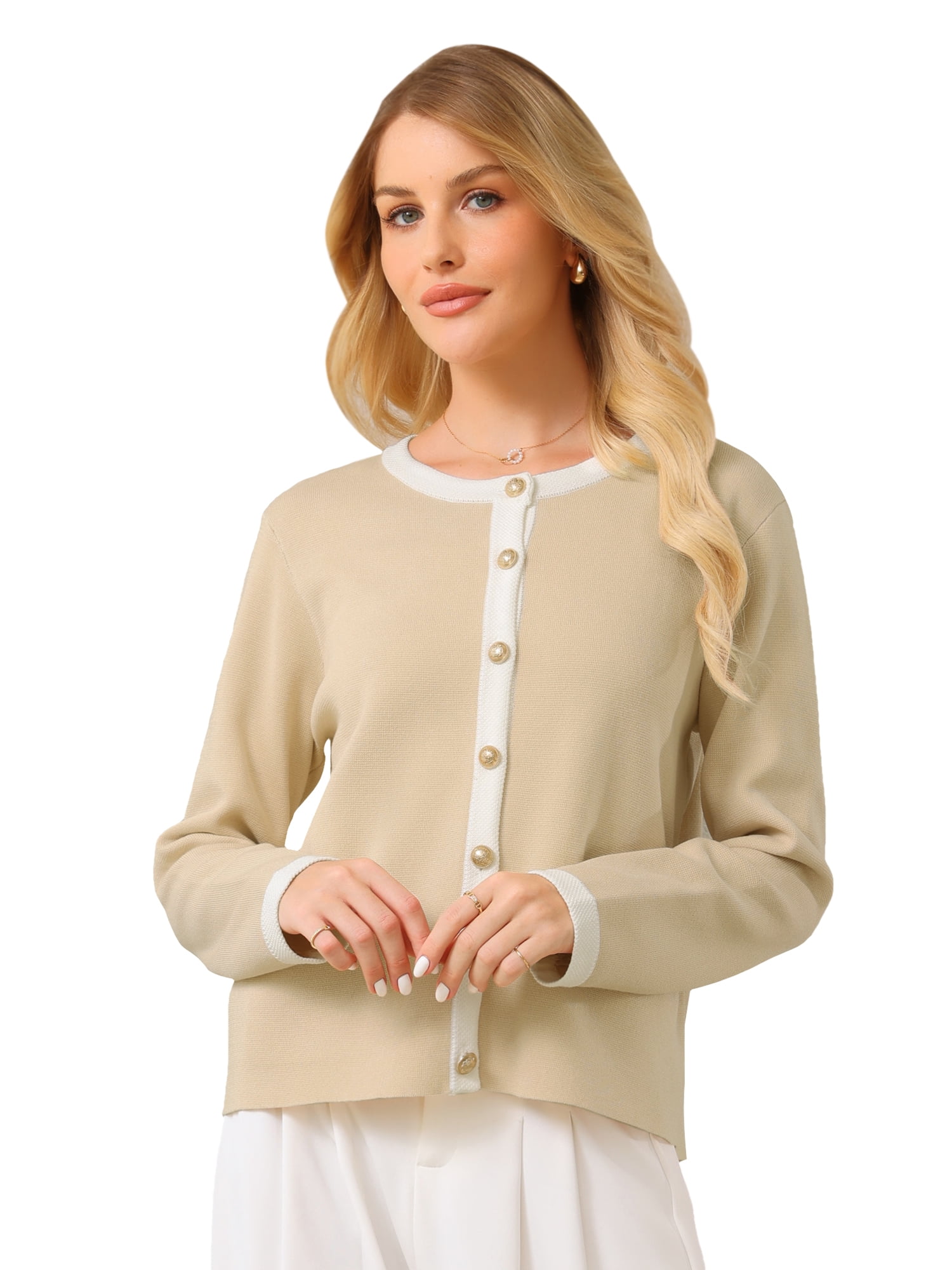 DARING DIVA Women's Contrast Color Long Sleeve Knit Cardigan Sweater S Khaki