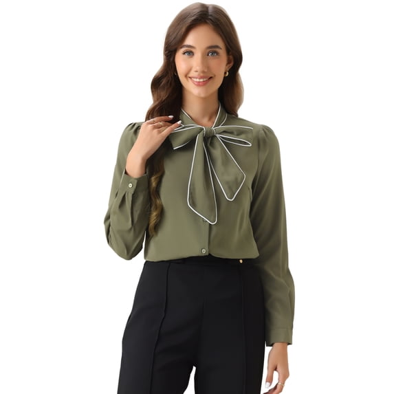 DARING DIVA Women's Contrast Color Long Sleeve Tie Neck Shirt XS Navy Green
