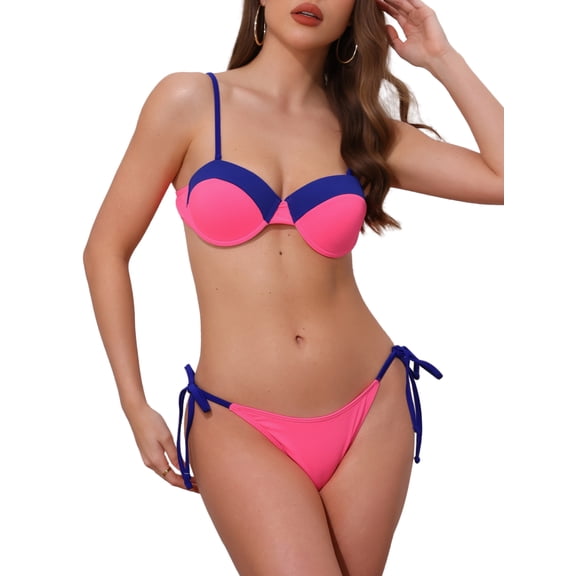 DARING DIVA Women's Contrast Color Ribbed Bikini Sets Small Rose Red-Blue