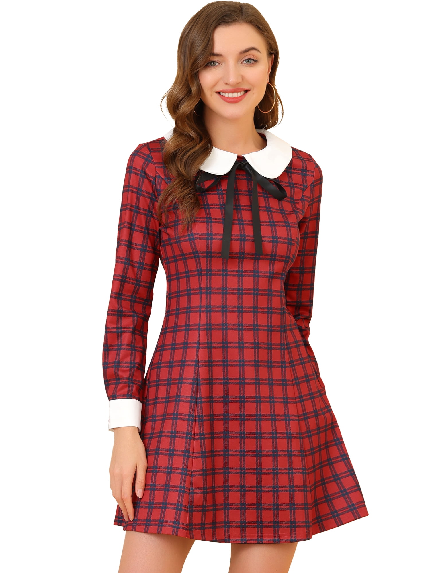 DARING DIVA Women's Contrast Peter Pan Collar A-Line Plaid Dress S Red
