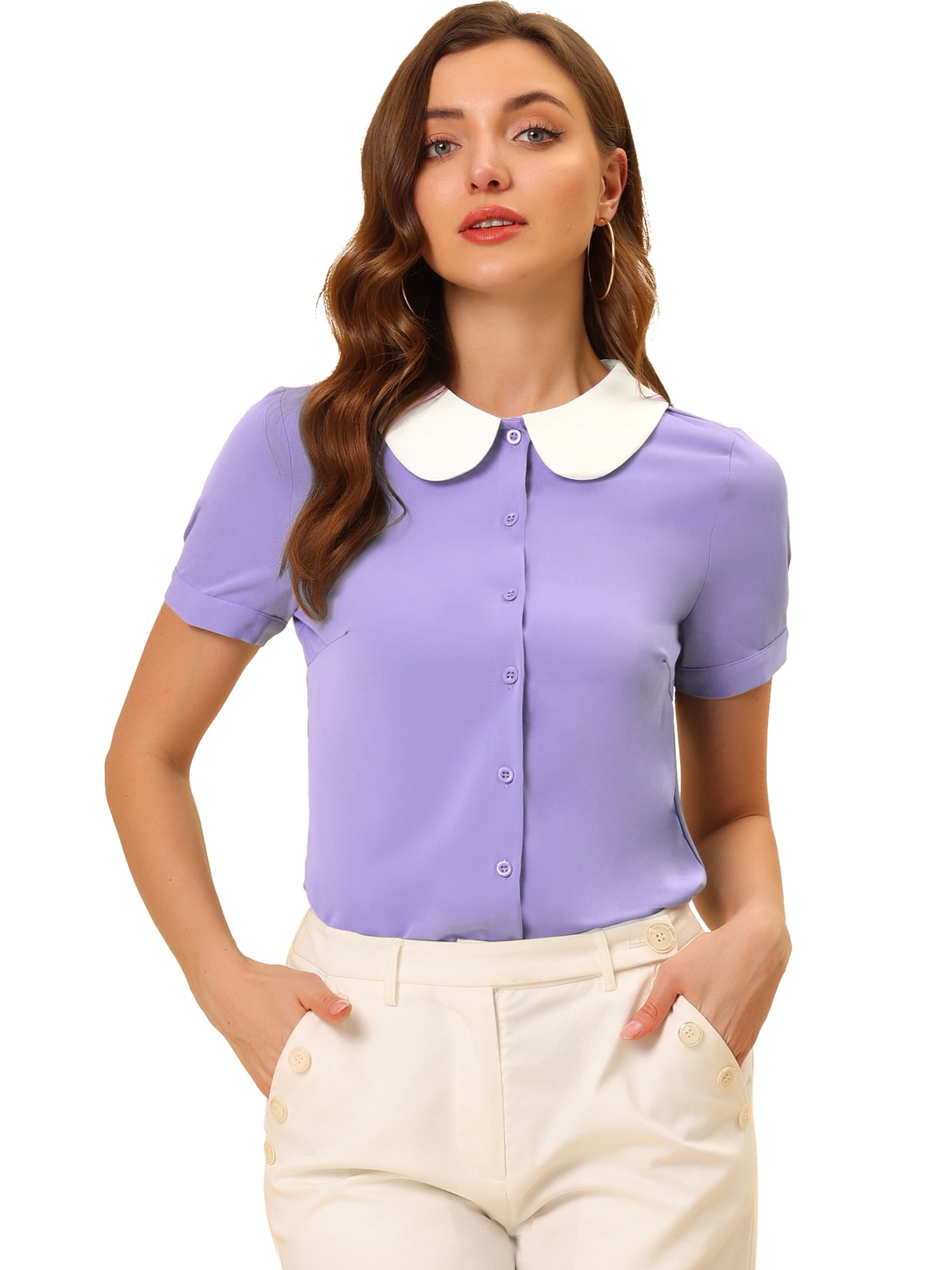 DARING DIVA Women's Contrast Collar Button Down Chiffon Blouse L Light Purple
