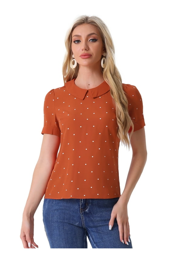 Women's Contrast Peter Pan Collar Polka Dots Tops L Orange