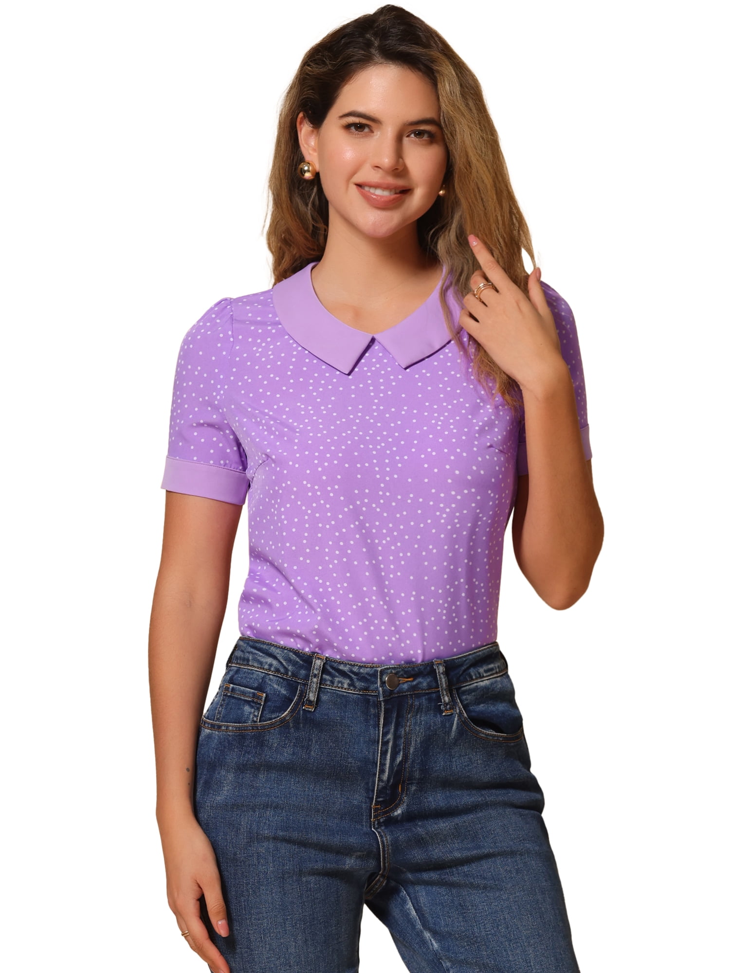 DARING DIVA Women's Contrast Peter Pan Collar Polka Dots Tops M Light Purple