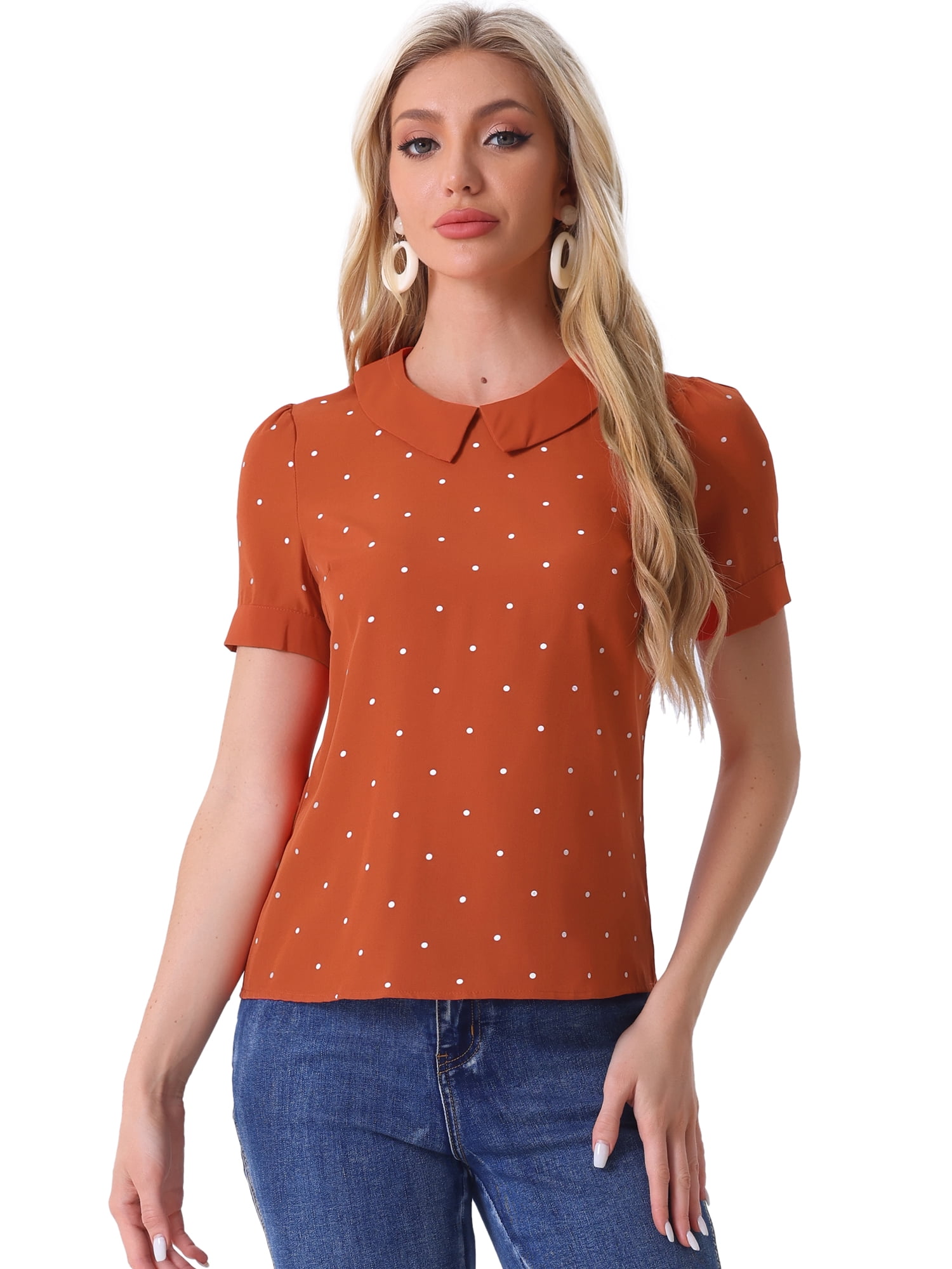 DARING DIVA Women's Contrast Peter Pan Collar Polka Dots Tops M Orange