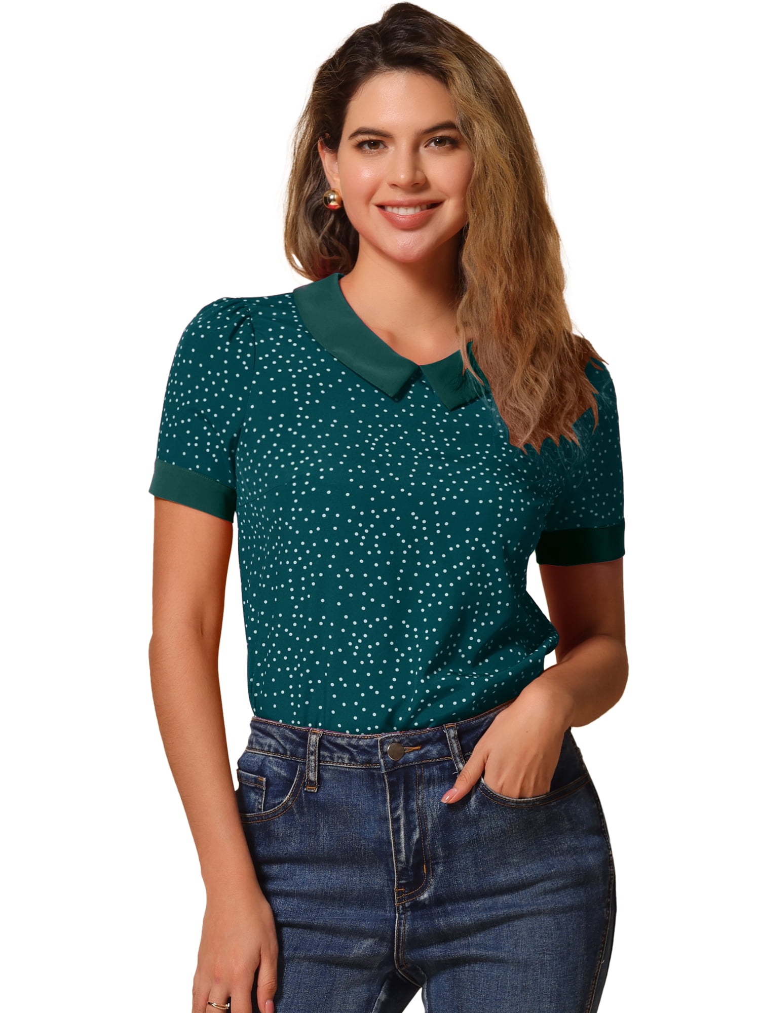 DARING DIVA Women's Contrast Peter Pan Collar Polka Dots Tops S Blue Green White