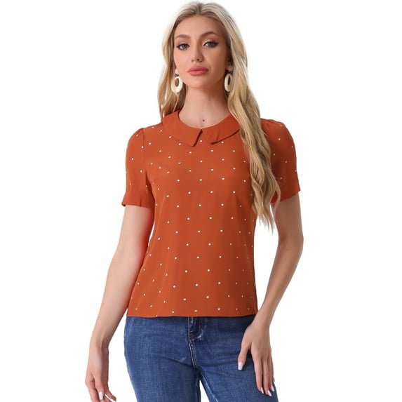 DARING DIVA Women's Contrast Peter Pan Collar Polka Dots Tops S Orange