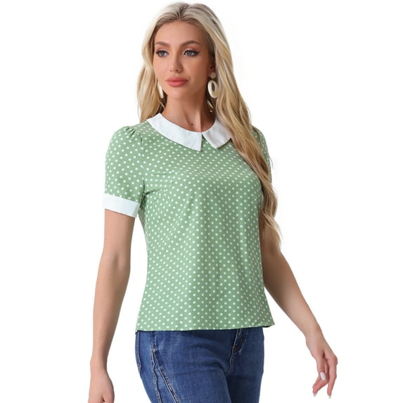 DARING DIVA Women's Contrast Peter Pan Collar Polka Dots Tops XL Dusty Green