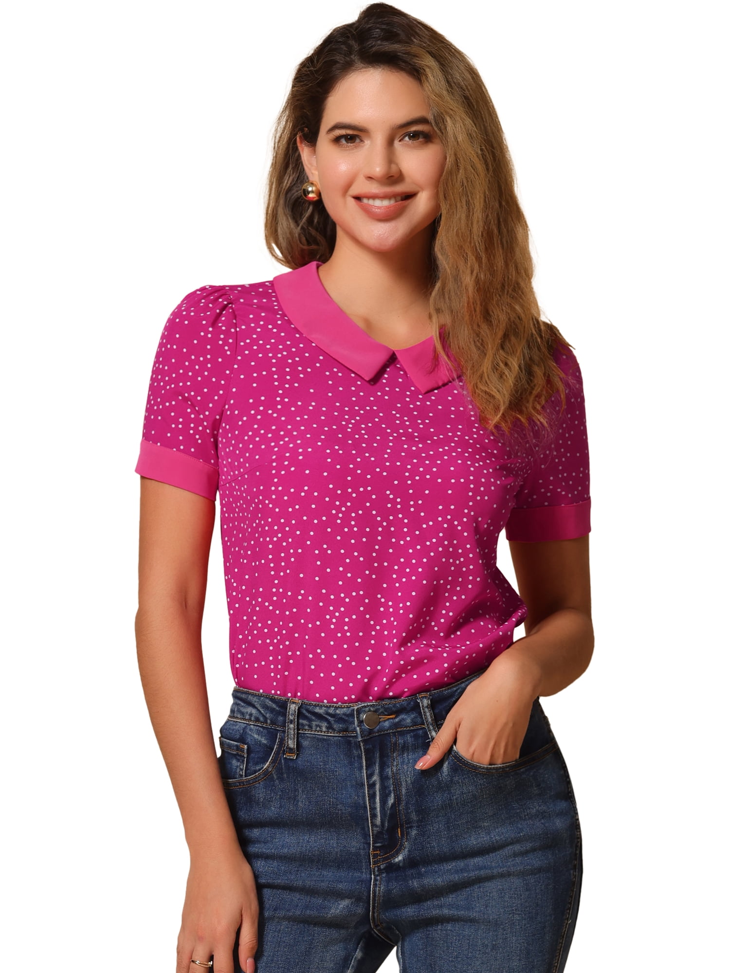 DARING DIVA Women's Contrast Peter Pan Collar Polka Dots Tops XL Hot Pink