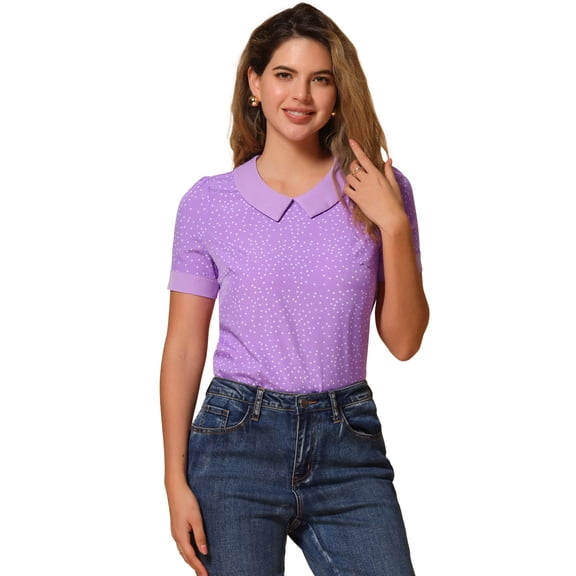 DARING DIVA Women's Contrast Peter Pan Collar Polka Dots Tops XS Light Purple