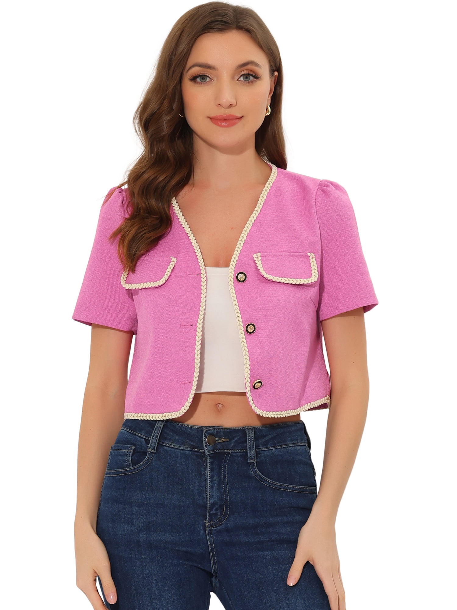 DARING DIVA Women's Contrast Trim Jacket Single Breasted Blazer M Pink