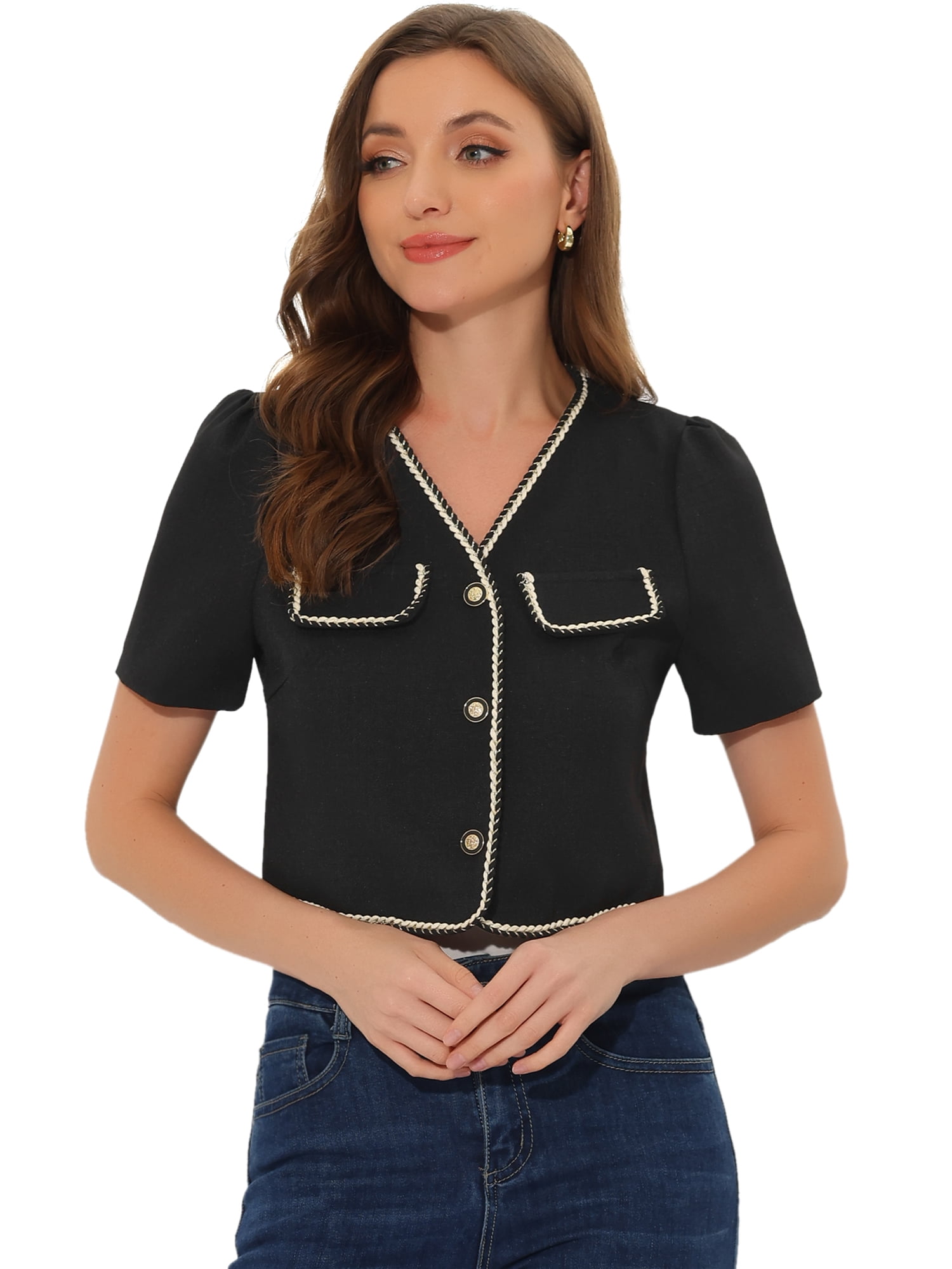 DARING DIVA Women's Contrast Trim Jacket Single Breasted Blazer XL Black