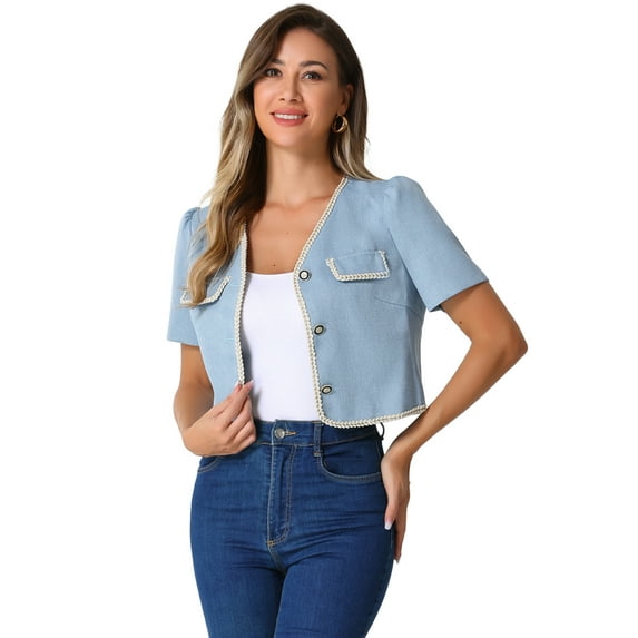 DARING DIVA Women's Contrast Trim Jacket Single Breasted Blazer XS Light Blue